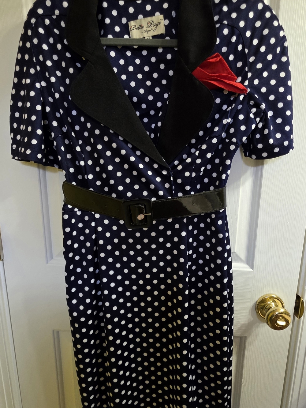 Bella Paige Navy Polka Dot Midi Dress with Black Collar and Red Accent Size M